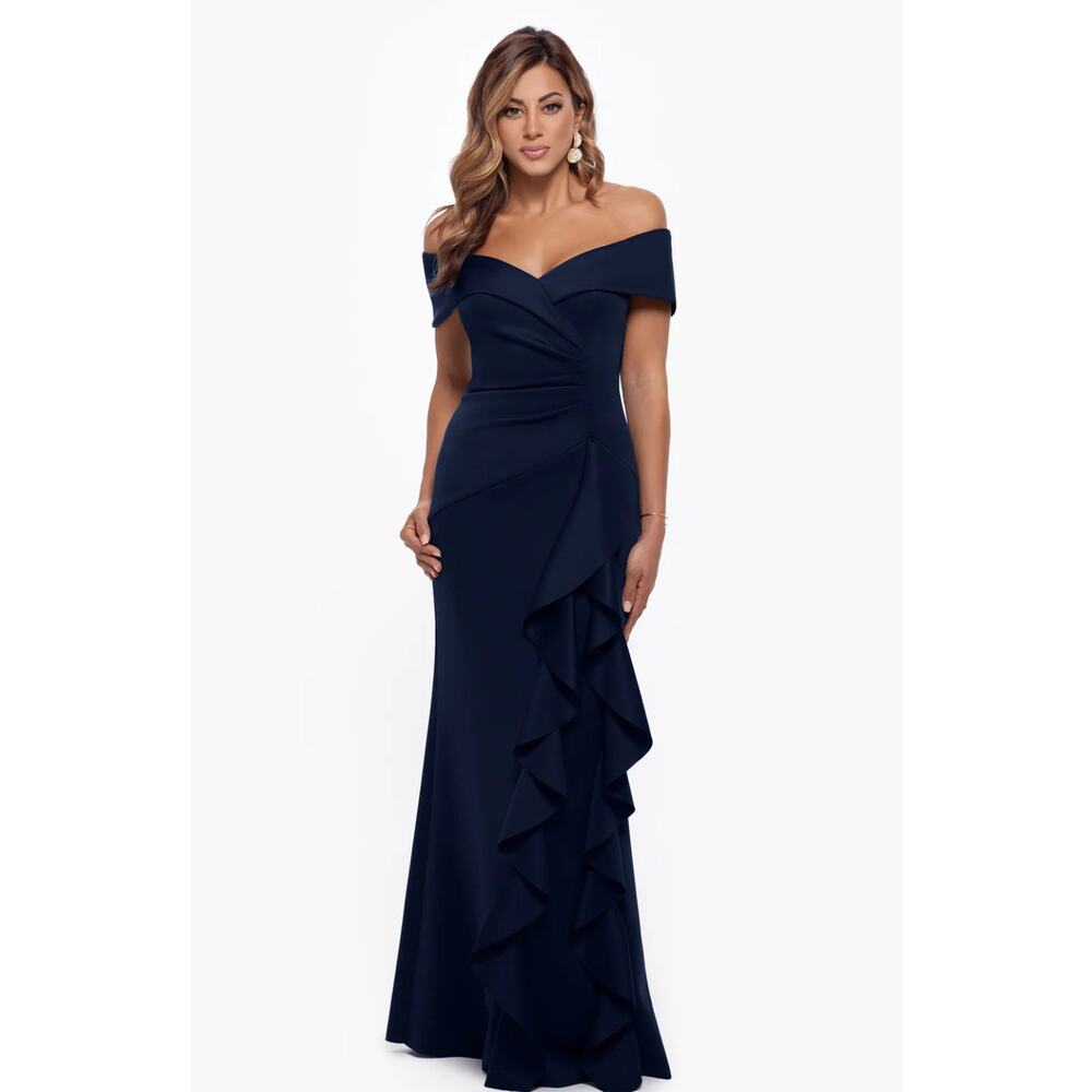 Ruffle Off the Shoulder Scuba Knit Gown